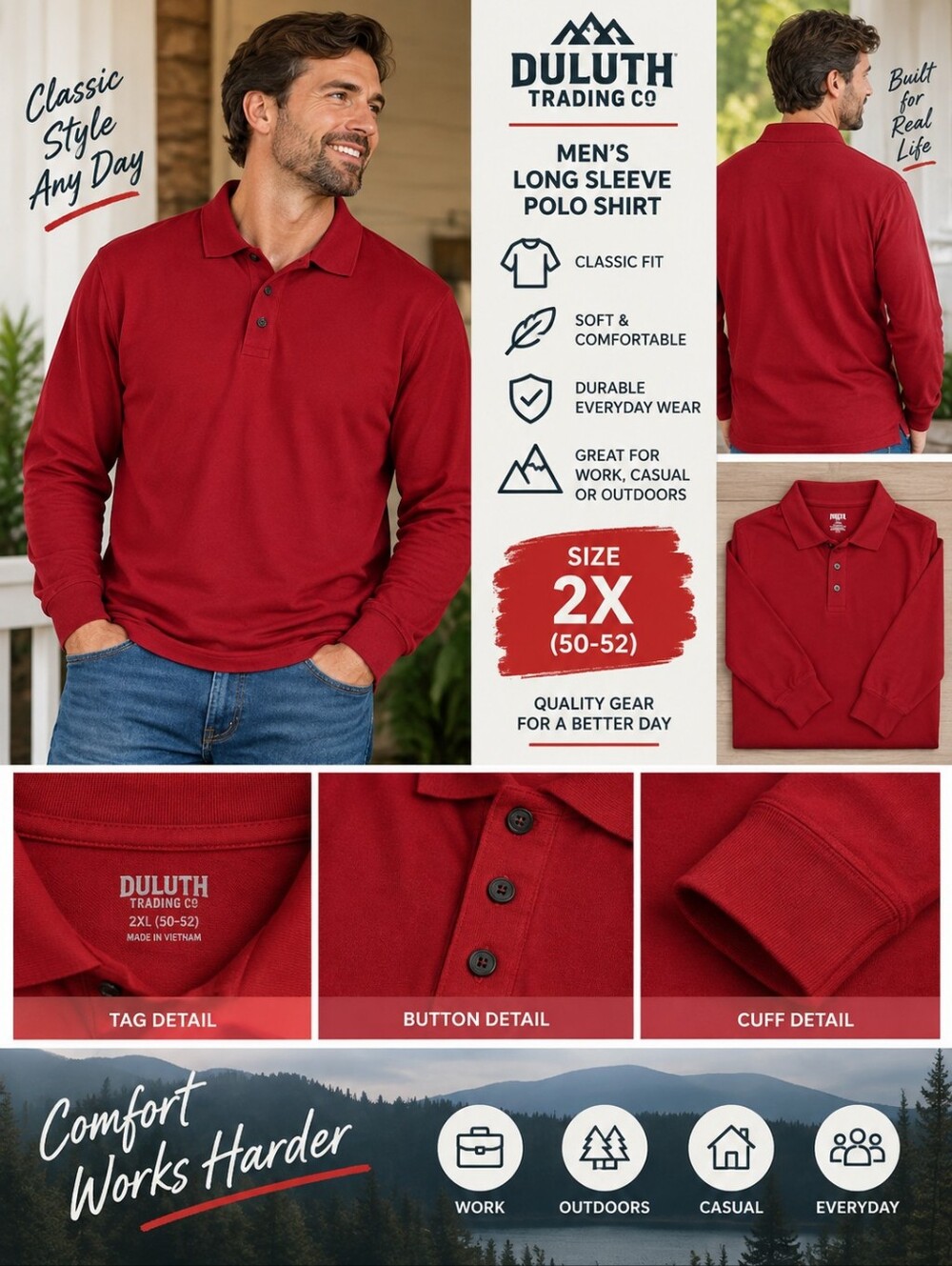 Duluth trading mens 2X red long sleeve polo shirt #04